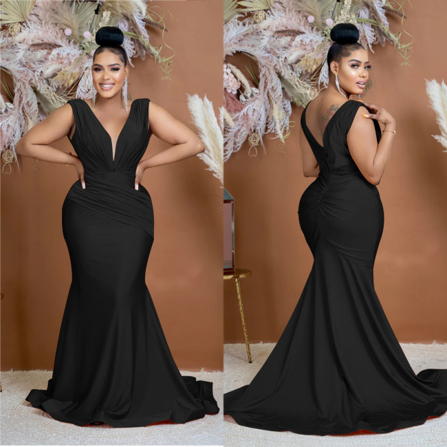 Women Solid V-Neck Sleeveless Pleated Maxi Dress