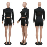 Sports Causal Long Sleeve Zipper Top & Shorts Mesh Patchwork 2PCS Set
