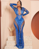 Sexy Ripped Bodycon Hollow Out Rhinestone Print Maxi Dress