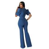 Short Sleeves Puff Sleeves Trendy V-Neck Sexy Cutout Denim Jumpsuit