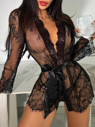 Black Lace Robe Night Dress See through Sexy Lingerie