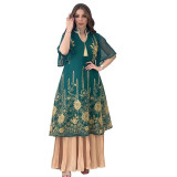 Fashion Muslim Dresses Mesh Embroidery Tassel Patchwork Chiffon Pleated Dress