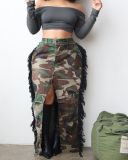 Camo Print Fringe Slit Front Long Skirt