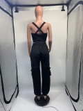 Casual Two-Piece Set Sexy Crop Tank Top and Pocket Wide Leg Pants