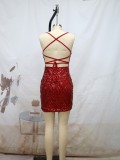Red Sexy Sequin Camisole Backless Slim Prom Dress