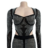 Sexy Rhinestone Bodysuit and Pants 2PCS Set