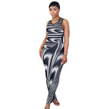 Fashion Wavy Print Round Neck Maxi Bodycon Dress