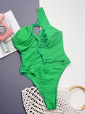Green One Shoulder Lace-Up One Piece Swimsuit