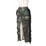 Camo Print Fringe Slit Front Long Skirt