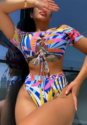 Printed Short Sleeve Lace Up Two Piece Swimsuit