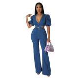 Short Sleeves Puff Sleeves Trendy V-Neck Sexy Cutout Denim Jumpsuit