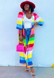 Plus Size Print Half Sleeve Colorful Striped Long Cardigan