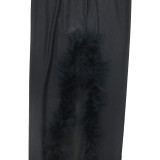Solid Strapless Sleeveless Feather Trim Slit Long Dress