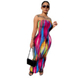 Ladies Sexy Strapless Striped Printed Slit Long Dress