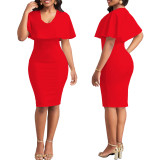 Solid Career V-Neck Office Dress for Women