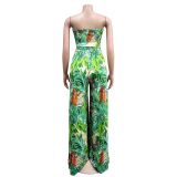 Fashion Floral Print Strapless Shirred Wide Leg Jumpsuit