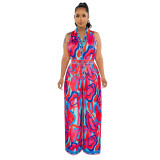 Print Sleeveless Turn Down Collar Wide Leg Casual Jumpsuit