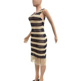 Knitting Sexy Sleeveless Striped Tassel Beach Dress