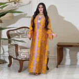 Muslim Fashion Dress Print Beaded Dress Dubai Jalabiya For Women