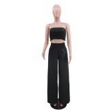 Solid Casual Shirred Bandeau Top and Pants 2-Piece Set