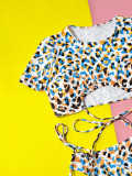Leopard Print Short Sleeve Two Pieces Swimswear