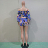 Floral Print Off Shoulder Shirred Bell Bottom Sleeve 2PC Shorts Set
