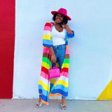 Plus Size Print Half Sleeve Colorful Striped Long Cardigan