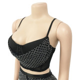 Solid Rhinestone Mesh Cami Top and Pants 2PCS Set