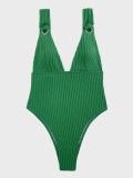 Sexy Solid Ribbed Plunge One Piece Swimsuit