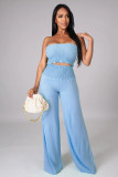 Solid Casual Shirred Bandeau Top and Pants 2-Piece Set