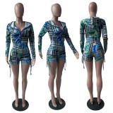 Print Fashion 2PCS Set Drawstring Hood Zipper Top and Shorts