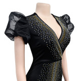 Fashion Beaded Puff Sleeve V-Neck Slit Maxi Dress