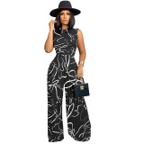 Women 2-Piece Set Printed Sleeveless Bodysuit Wide-leg Pants