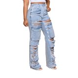 Light Blue Loose High Waisted Wide Leg Ripped Casual Jeans