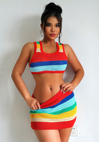 Colorful Sexy Casual Crop Tank Top and Skirt Knitted 2PCS Set