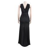 Women Solid V-Neck Sleeveless Pleated Maxi Dress