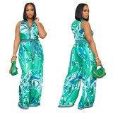 Print Sleeveless Turn Down Collar Wide Leg Casual Jumpsuit