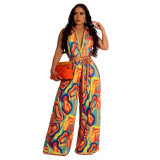 Colorful Sleeveless Positioning Print Wide Leg Jumpsuit