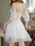 White V-neck Off Shoulder Lace Princess Bridesmaid Dress