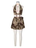 Sexy Camo 2PCS Skirt Set Halter Backless Crop To p+ Pleated Skirt