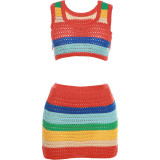 Colorful Sexy Casual Crop Tank Top and Skirt Knitted 2PCS Set