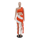 Ladies Sexy Slash Shoulder Crop Top Bodycon A-Line Fringe Skirt 2PCS Set