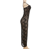 Sexy See-Through Lace Cami Slinky Maxi Dress Women