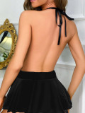Sexy Halter Backless Black Lace Patchwork Night Dress