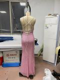 Pink Sequin Sleeveless Slip Lace-Up Back Slit Maxi Dress