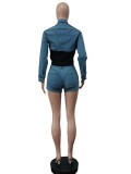 Denim Two Pieces Stretch Contrast Patchwork Top and Shorts