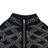 Fashion Mesh Rhinestone Long Sleeve Zipper Top and Pants 2PCS Set