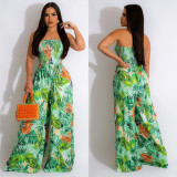 Fashion Floral Print Strapless Shirred Wide Leg Jumpsuit