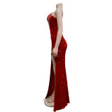 Fashionable Rhinestone Sequin Sleeveless Slash Shoulder Maxi Dress
