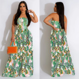 Fashion Floral Print Strapless Shirred Wide Leg Jumpsuit